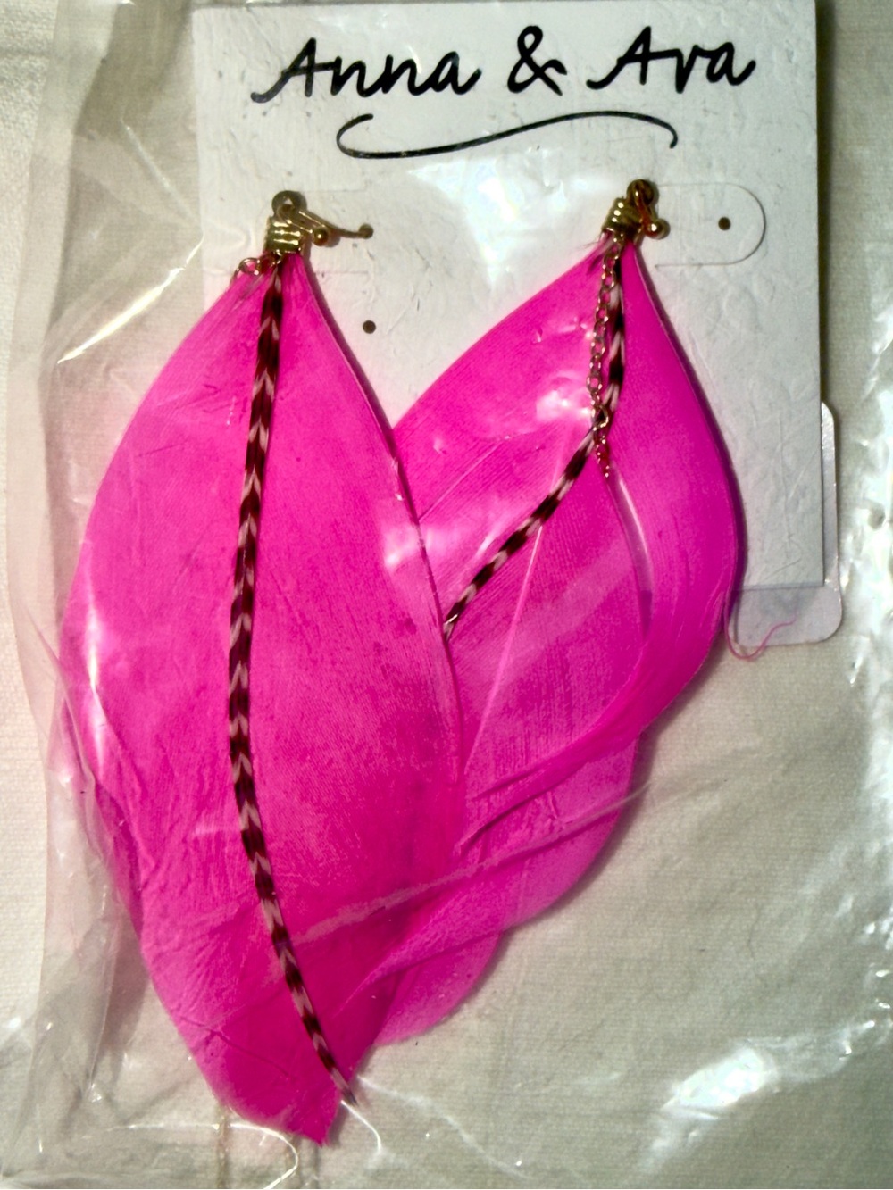 Anna & Ava Bright Hot Pink Feather-Drop Earrings. Braided & small chains accent
